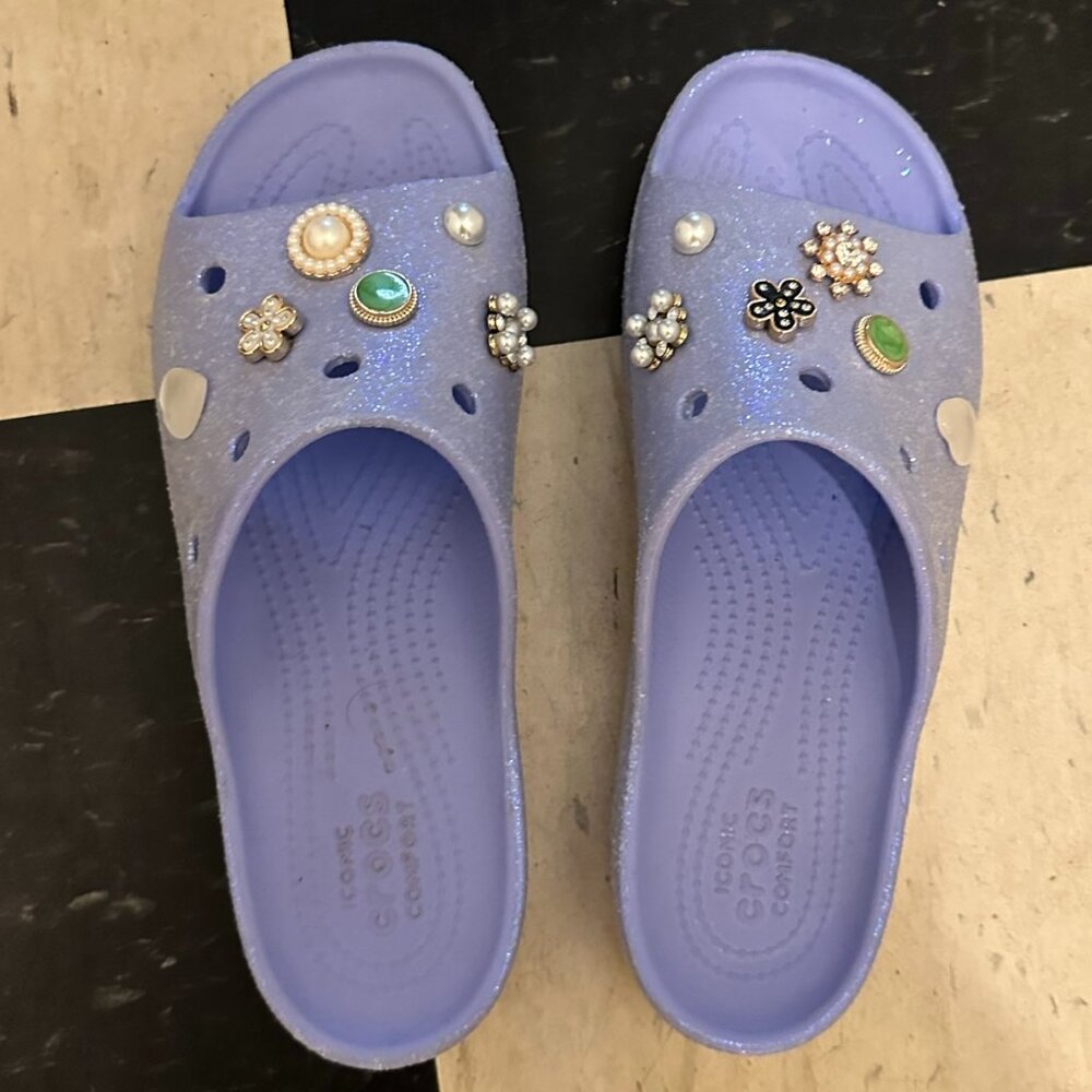 Size 9 Platform Crocs Classic Slides Moon Jelly Glitter with Jibbitz
